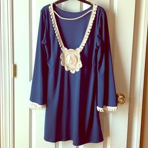 Basically Me navy dress with cream crochet trim M